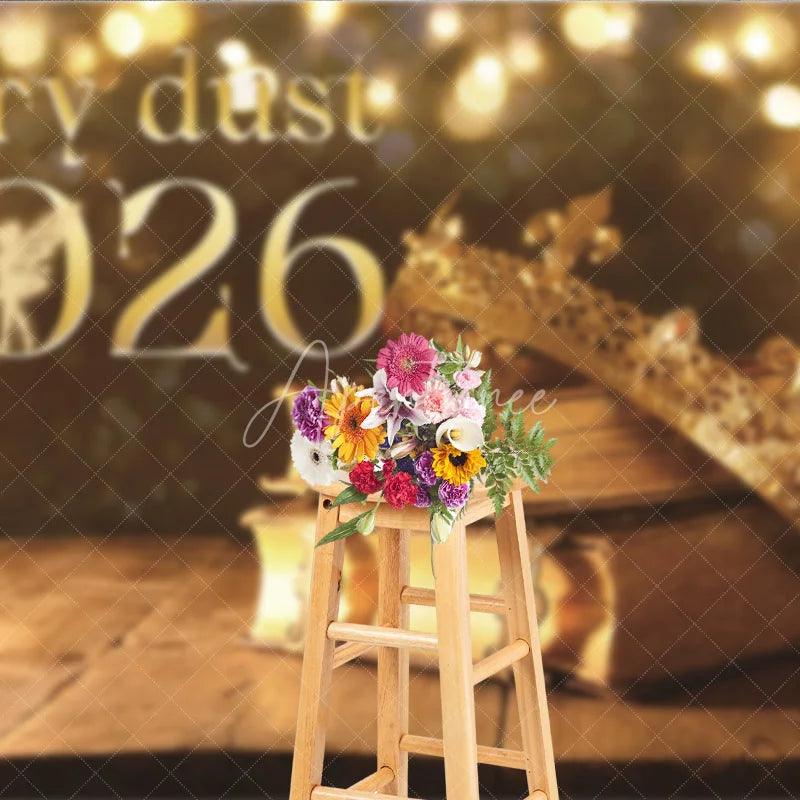 Aperturee - Aperturee Magical New Year 2026 Backdrop with Fairy Dust and Princess Crown Enchanted Fairytale Themed NYE Party Decor