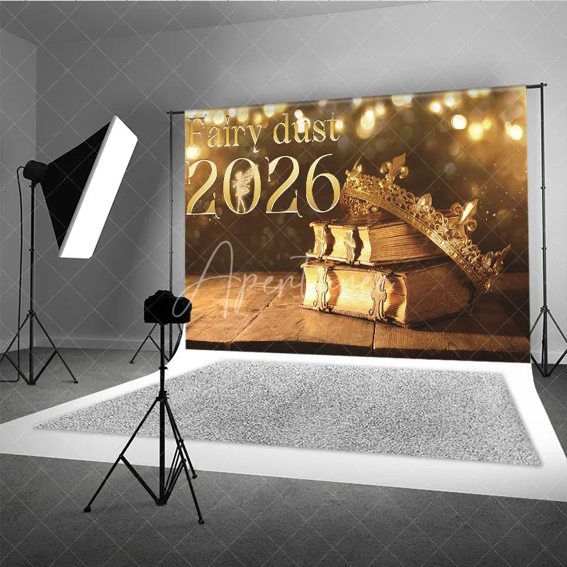 Aperturee - Aperturee Magical New Year 2026 Backdrop with Fairy Dust and Princess Crown Enchanted Fairytale Themed NYE Party Decor