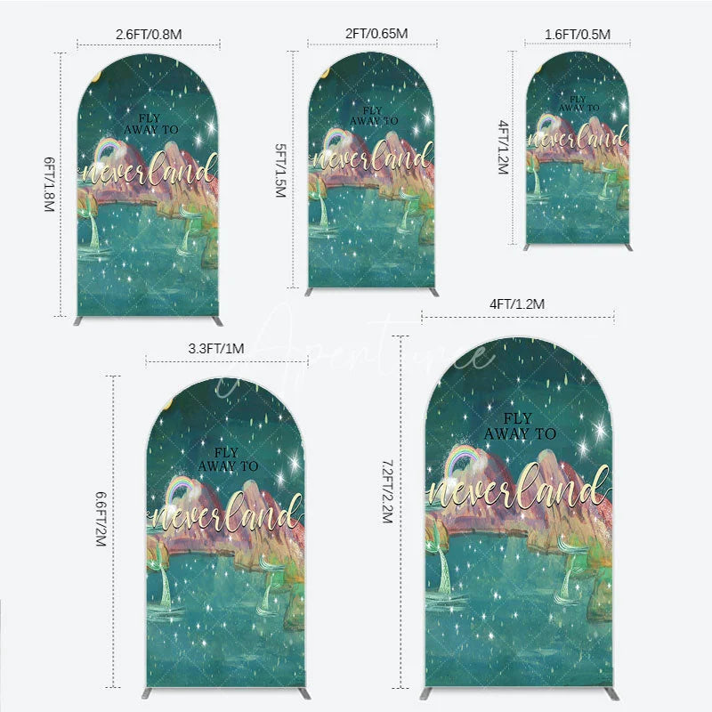 Aperturee - Aperturee Magical Night Sky Round Top Arch Backdrop featuring Stars Moon Rainbow and Mermaid Tails