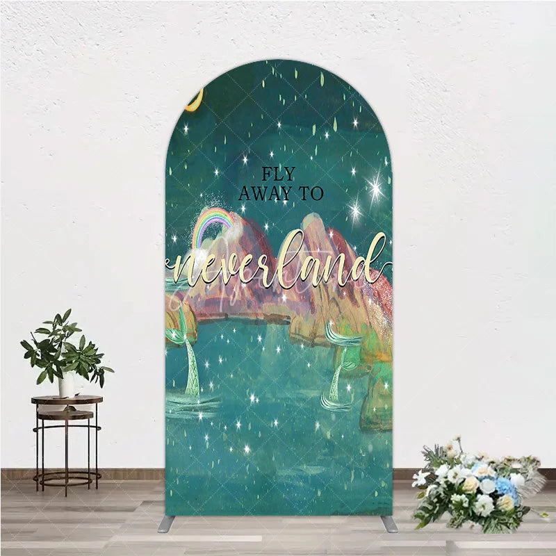Aperturee - Aperturee Magical Night Sky Round Top Arch Backdrop featuring Stars Moon Rainbow and Mermaid Tails