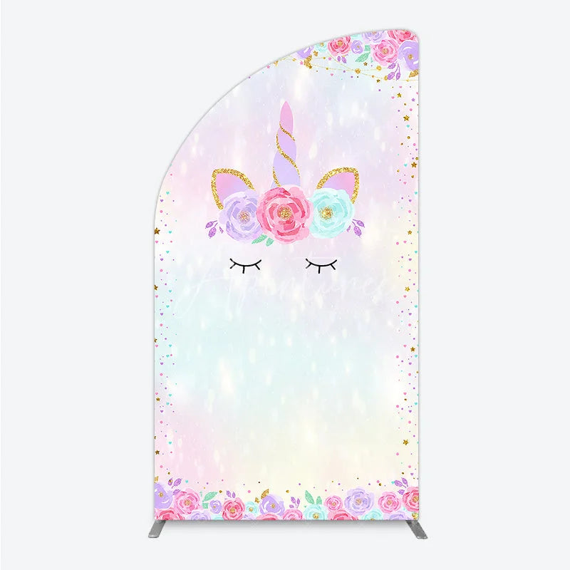 Aperturee - Aperturee Magical Pastel Unicorn Face Half Moon Arch Backdrop with Glitter Horn and Floral Crown Dreamy Birthday Party Decor