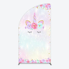 Aperturee - Aperturee Magical Pastel Unicorn Face Half Moon Arch Backdrop with Glitter Horn and Floral Crown Dreamy Birthday Party Decor
