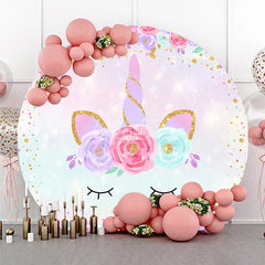 Aperturee - Aperturee Magical Pastel Unicorn Round Backdrop with Floral Wreath and Glitter Stars for Girls Birthday Party