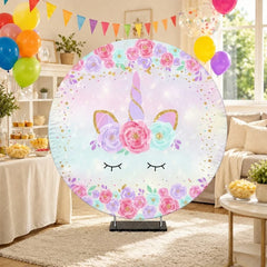 Aperturee - Aperturee Magical Pastel Unicorn Round Backdrop with Floral Wreath and Glitter Stars for Girls Birthday Party