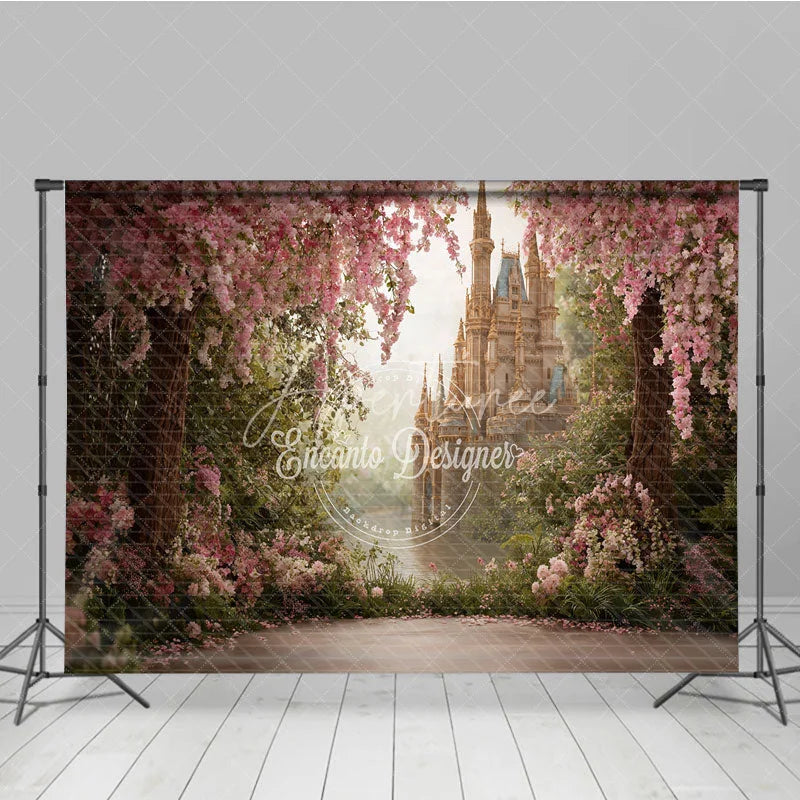 Aperturee - Aperturee Magical Pink Cherry Blossom Fairy Tale Castle Photography Backdrop Enchanted Garden Princess Birthday Party Decor