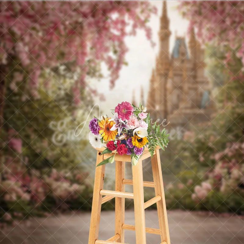 Aperturee - Aperturee Magical Pink Cherry Blossom Fairy Tale Castle Photography Backdrop Enchanted Garden Princess Birthday Party Decor