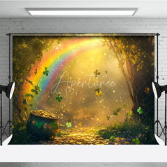 Aperturee - Aperturee Magical Rainbow and Pot of Gold Photography Backdrop featuring Sparkling Shamrocks and an Enchanted Forest Path