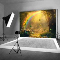Aperturee - Aperturee Magical Rainbow and Pot of Gold Photography Backdrop featuring Sparkling Shamrocks and an Enchanted Forest Path