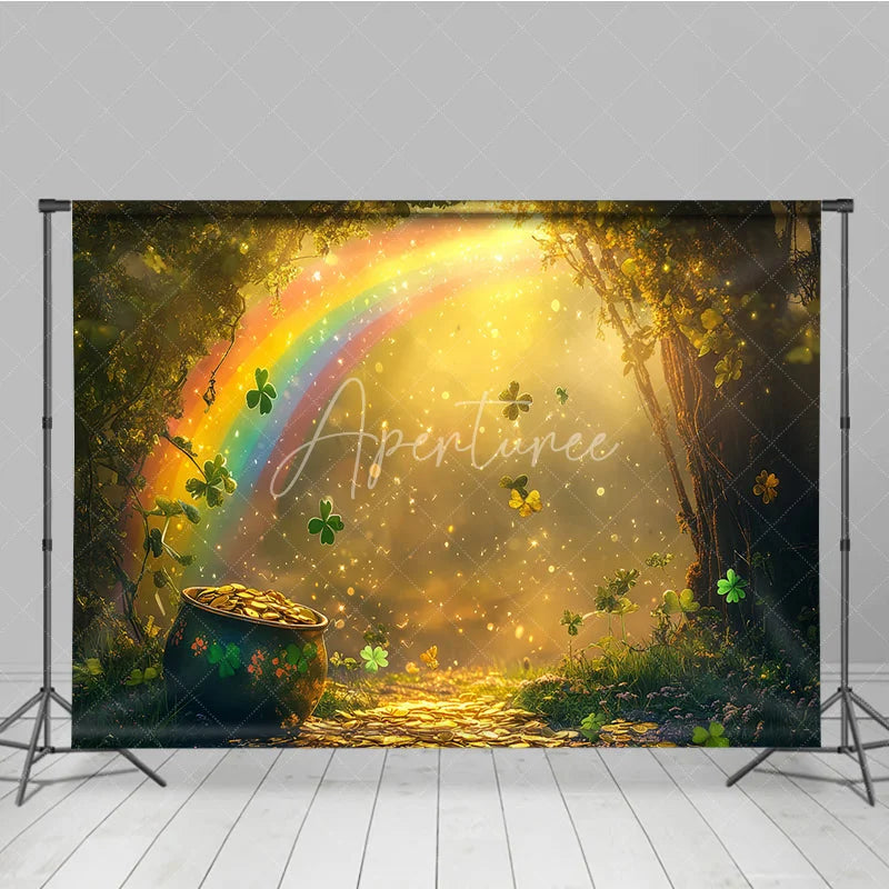 Aperturee - Aperturee Magical Rainbow and Pot of Gold Photography Backdrop featuring Sparkling Shamrocks and an Enchanted Forest Path