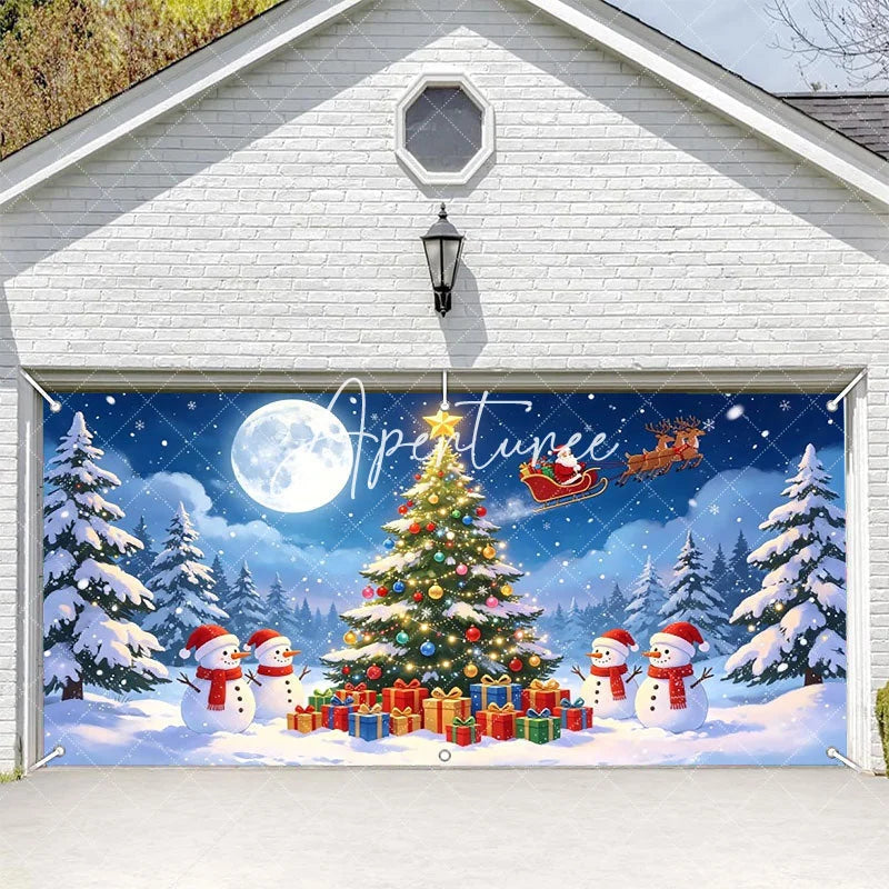 Aperturee - Aperturee Magical Snowy Christmas Tree and Snowmen Garage Door Banner Santa Sleigh Reindeer Holiday Decor.