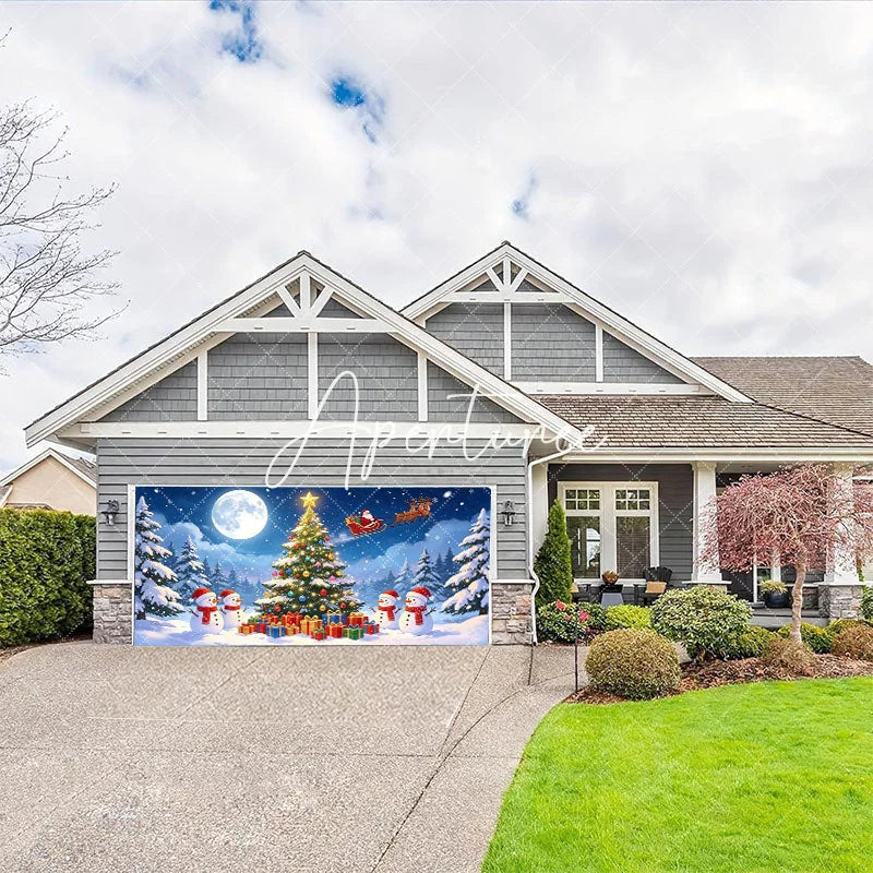 Aperturee - Aperturee Magical Snowy Christmas Tree and Snowmen Garage Door Banner Santa Sleigh Reindeer Holiday Decor.