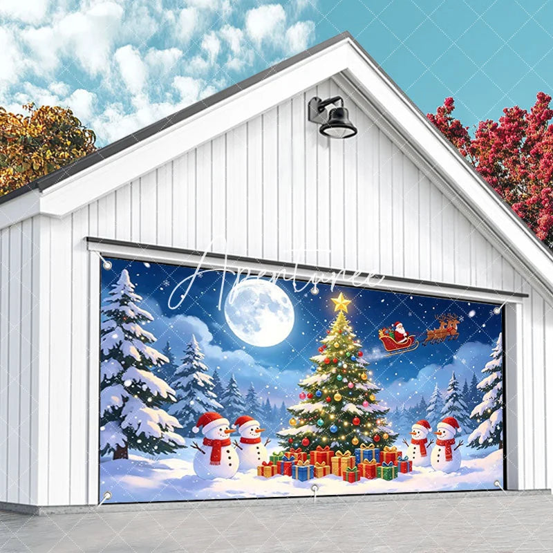 Aperturee - Aperturee Magical Snowy Christmas Tree and Snowmen Garage Door Banner Santa Sleigh Reindeer Holiday Decor.
