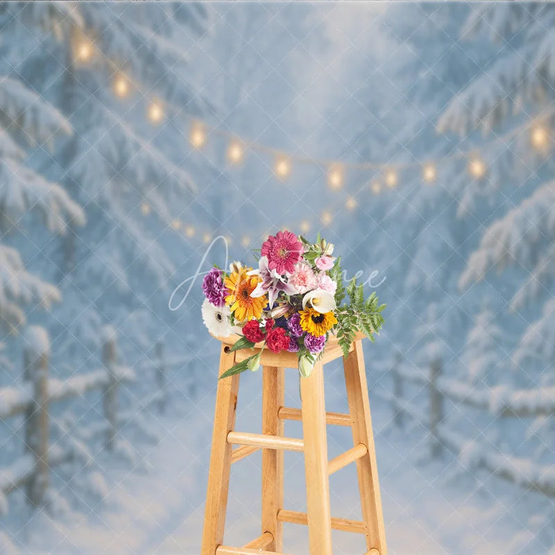 Aperturee - Aperturee Magical Snowy Forest Path Photography Backdrop with Fairy Lights and Wooden Fence Winter Holiday Decor