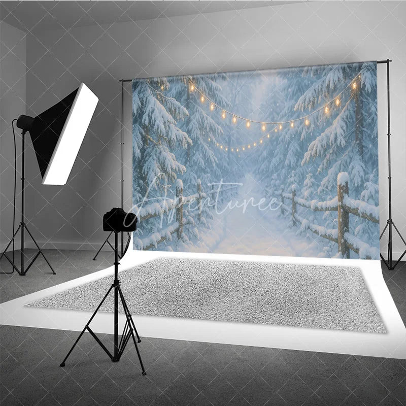 Aperturee - Aperturee Magical Snowy Forest Path Photography Backdrop with Fairy Lights and Wooden Fence Winter Holiday Decor