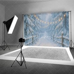 Aperturee - Aperturee Magical Snowy Forest Path Photography Backdrop with Fairy Lights and Wooden Fence Winter Holiday Decor