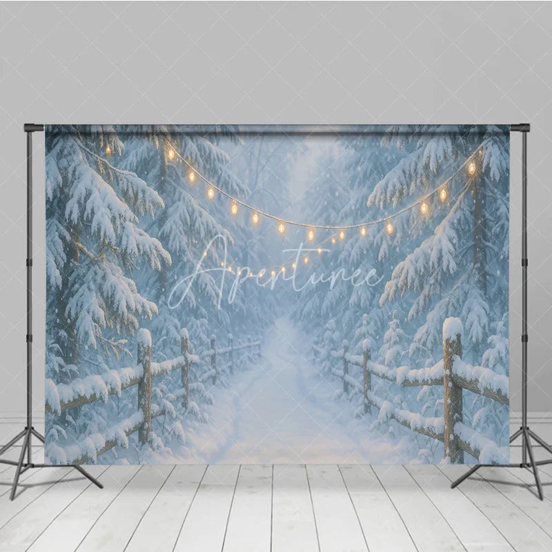 Aperturee - Aperturee Magical Snowy Forest Path Photography Backdrop with Fairy Lights and Wooden Fence Winter Holiday Decor