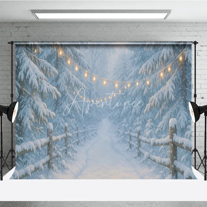 Aperturee - Aperturee Magical Snowy Forest Path Photography Backdrop with Fairy Lights and Wooden Fence Winter Holiday Decor