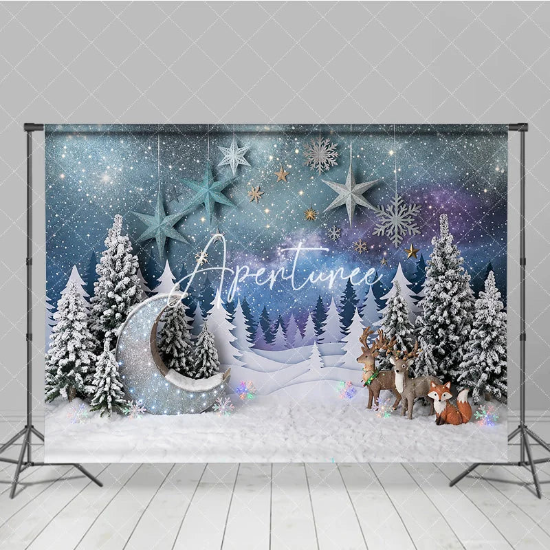 Aperturee - Aperturee Magical Snowy Forest Photography Backdrop with Glitter Moon Reindeer and Fox for Christmas Winter Holiday