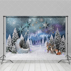 Aperturee - Aperturee Magical Snowy Forest Photography Backdrop with Glitter Moon Reindeer and Fox for Christmas Winter Holiday