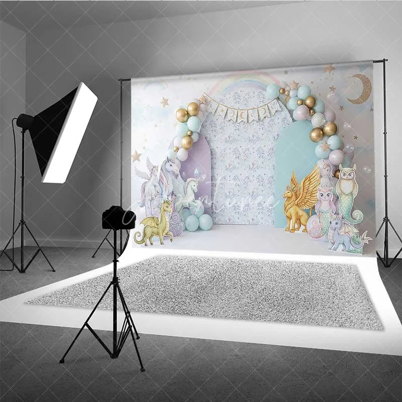 Aperturee - Aperturee Magical Unicorn and Dragon Photography Backdrop Pastel Rainbow Birthday Banner