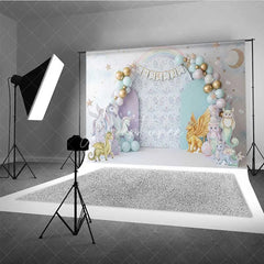 Aperturee - Aperturee Magical Unicorn and Dragon Photography Backdrop Pastel Rainbow Birthday Banner