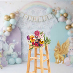 Aperturee - Aperturee Magical Unicorn and Dragon Photography Backdrop Pastel Rainbow Birthday Banner