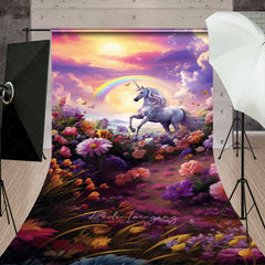 Aperturee Aperturee Magical Unicorn Sweep Photo Backdrop for Cake Smash Rainbow and Sunset Enchanted Floral Meadow Photo Prop