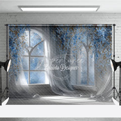 Aperturee - Aperturee Magical Wedding Window Backdrop Arch Window with Blue Flowers Sheer Curtains Photography Background Props