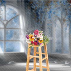 Aperturee - Aperturee Magical Wedding Window Backdrop Arch Window with Blue Flowers Sheer Curtains Photography Background Props