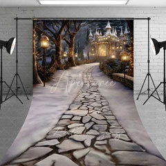 Aperturee - Aperturee Magical Winter Castle Sweep Backdrop Stone Path Street Lamps Fantasy Night Floor Photo Background
