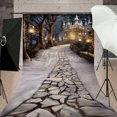 Aperturee - Aperturee Magical Winter Castle Sweep Backdrop Stone Path Street Lamps Fantasy Night Floor Photo Background