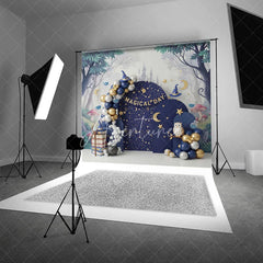 Aperturee - Aperturee Magical Wizard Arch Backdrop Navy Blue Moon and Stars Night Sky Photography Background for Birthday Party
