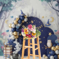 Aperturee - Aperturee Magical Wizard Arch Backdrop Navy Blue Moon and Stars Night Sky Photography Background for Birthday Party