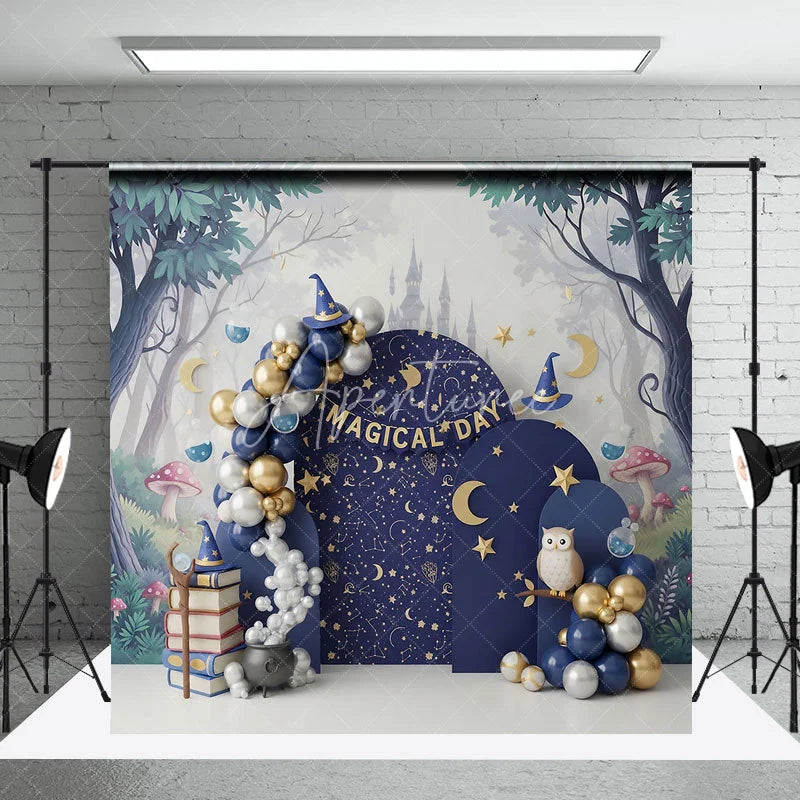 Aperturee - Aperturee Magical Wizard Arch Backdrop Navy Blue Moon and Stars Night Sky Photography Background for Birthday Party