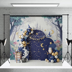 Aperturee - Aperturee Magical Wizard Arch Backdrop Navy Blue Moon and Stars Night Sky Photography Background for Birthday Party