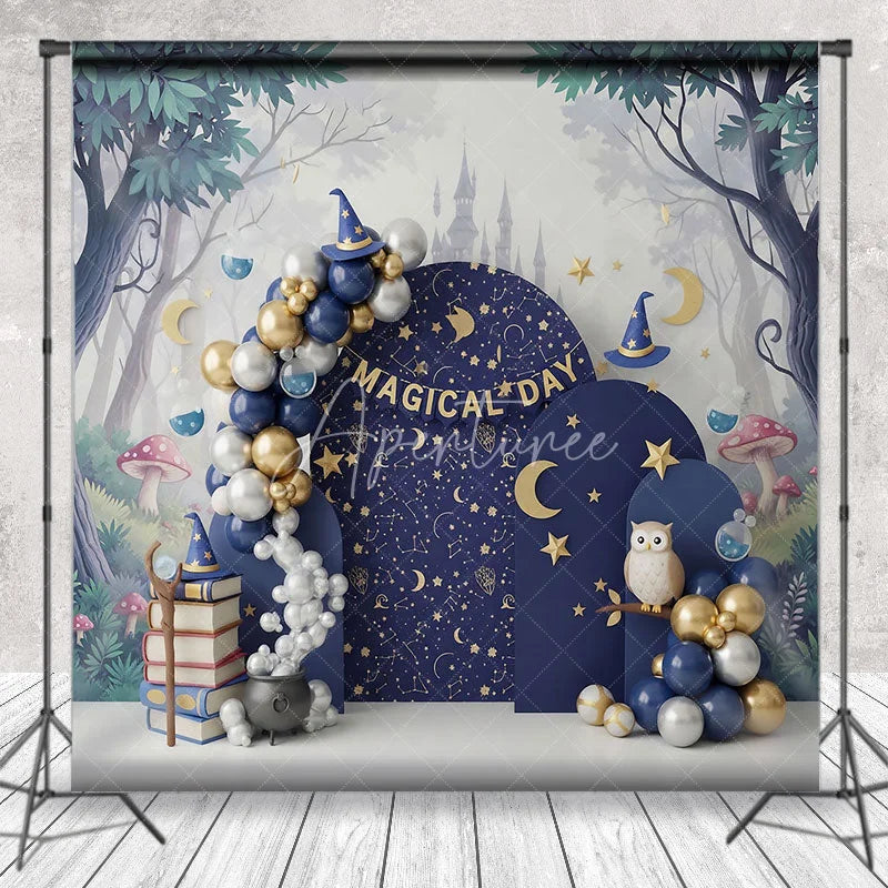 Aperturee - Aperturee Magical Wizard Arch Backdrop Navy Blue Moon and Stars Night Sky Photography Background for Birthday Party
