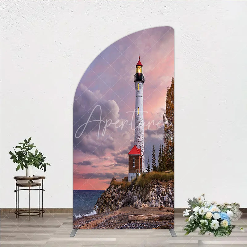 Aperturee - Aperturee Majestic Lighthouse Half Moon Arch Backdrop Scenic Sunset Ocean Beach with Autumn Trees Photography Decor