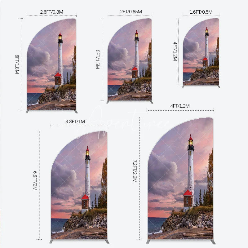 Aperturee - Aperturee Majestic Lighthouse Half Moon Arch Backdrop Scenic Sunset Ocean Beach with Autumn Trees Photography Decor