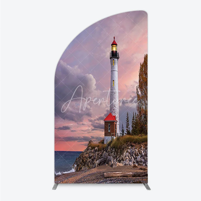Aperturee - Aperturee Majestic Lighthouse Half Moon Arch Backdrop Scenic Sunset Ocean Beach with Autumn Trees Photography Decor