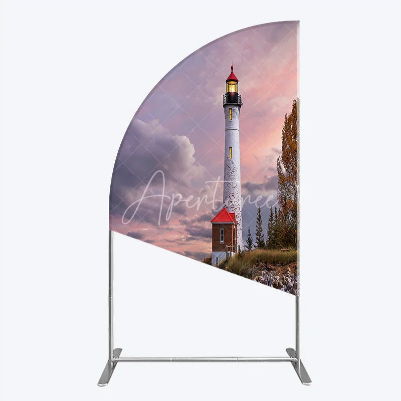Aperturee - Aperturee Majestic Lighthouse Half Moon Arch Backdrop Scenic Sunset Ocean Beach with Autumn Trees Photography Decor