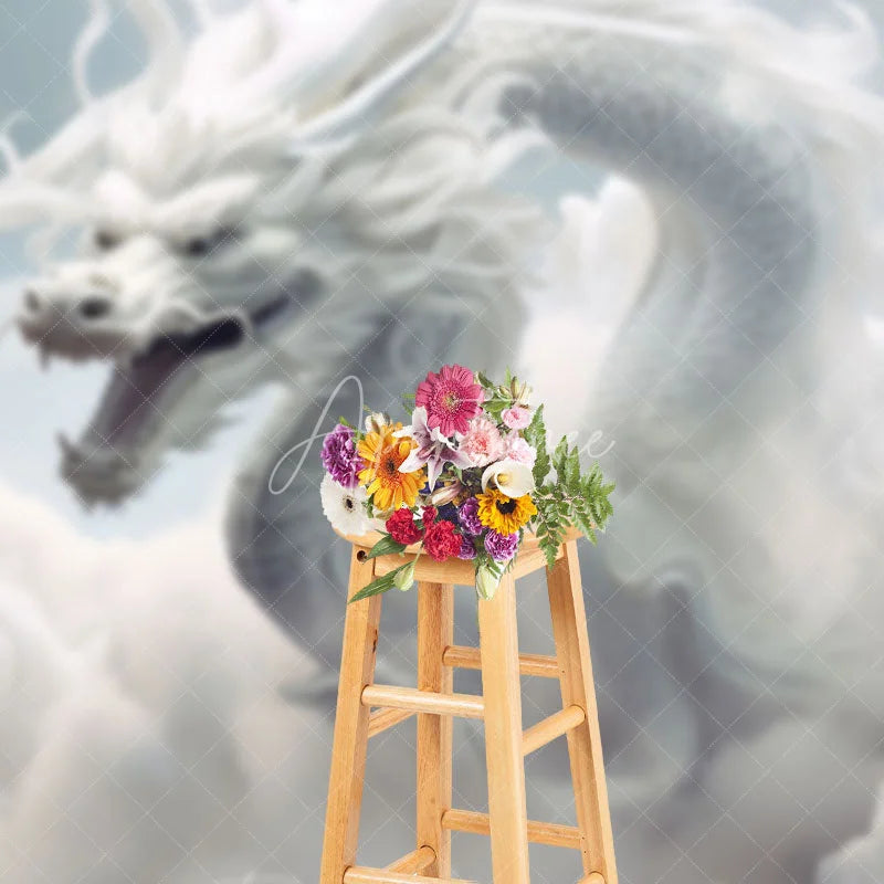 Aperturee - Aperturee Majestic White Dragon in Ethereal Clouds Photography Backdrop Mythical Fantasy Sky Scene for Studio Shoots