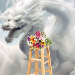 Aperturee - Aperturee Majestic White Dragon in Ethereal Clouds Photography Backdrop Mythical Fantasy Sky Scene for Studio Shoots