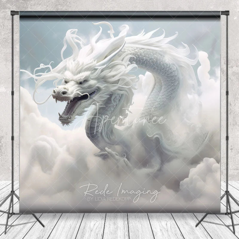 Aperturee - Aperturee Majestic White Dragon in Ethereal Clouds Photography Backdrop Mythical Fantasy Sky Scene for Studio Shoots