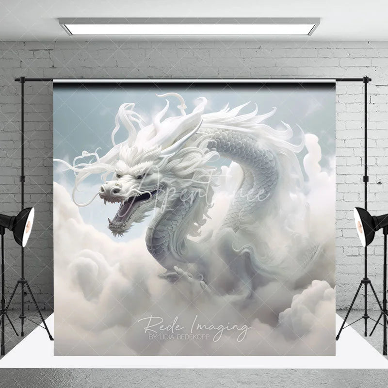 Aperturee - Aperturee Majestic White Dragon in Ethereal Clouds Photography Backdrop Mythical Fantasy Sky Scene for Studio Shoots