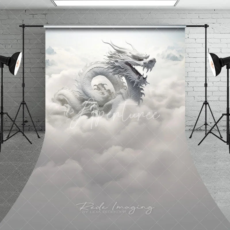 Aperturee - Aperturee Majestic White Dragon in Ethereal Clouds Sweep Backdrop Mystical Fantasy Mountain Scene Photography Background