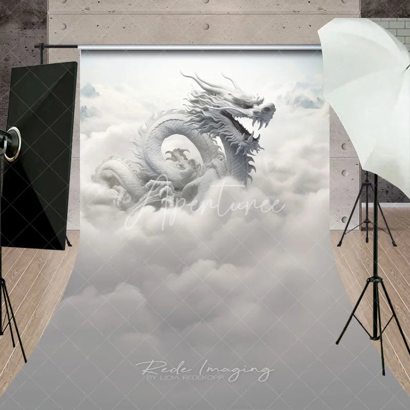 Aperturee - Aperturee Majestic White Dragon in Ethereal Clouds Sweep Backdrop Mystical Fantasy Mountain Scene Photography Background