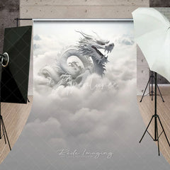 Aperturee - Aperturee Majestic White Dragon in Ethereal Clouds Sweep Backdrop Mystical Fantasy Mountain Scene Photography Background
