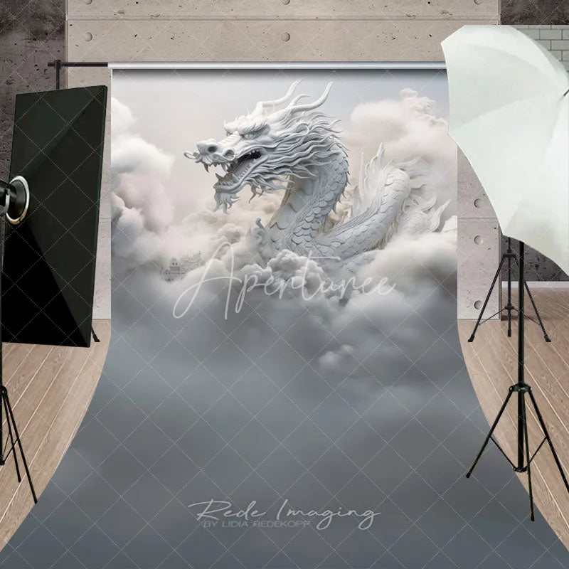 Aperturee - Aperturee Majestic White Dragon with Ethereal Clouds and Ancient Architecture Sweep Backdrop Mystical Fantasy Photography Decor