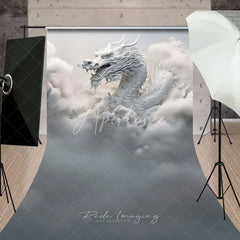 Aperturee - Aperturee Majestic White Dragon with Ethereal Clouds and Ancient Architecture Sweep Backdrop Mystical Fantasy Photography Decor