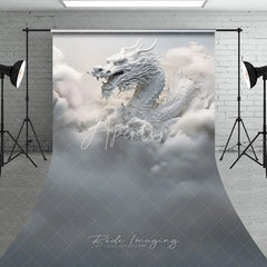 Aperturee - Aperturee Majestic White Dragon with Ethereal Clouds and Ancient Architecture Sweep Backdrop Mystical Fantasy Photography Decor
